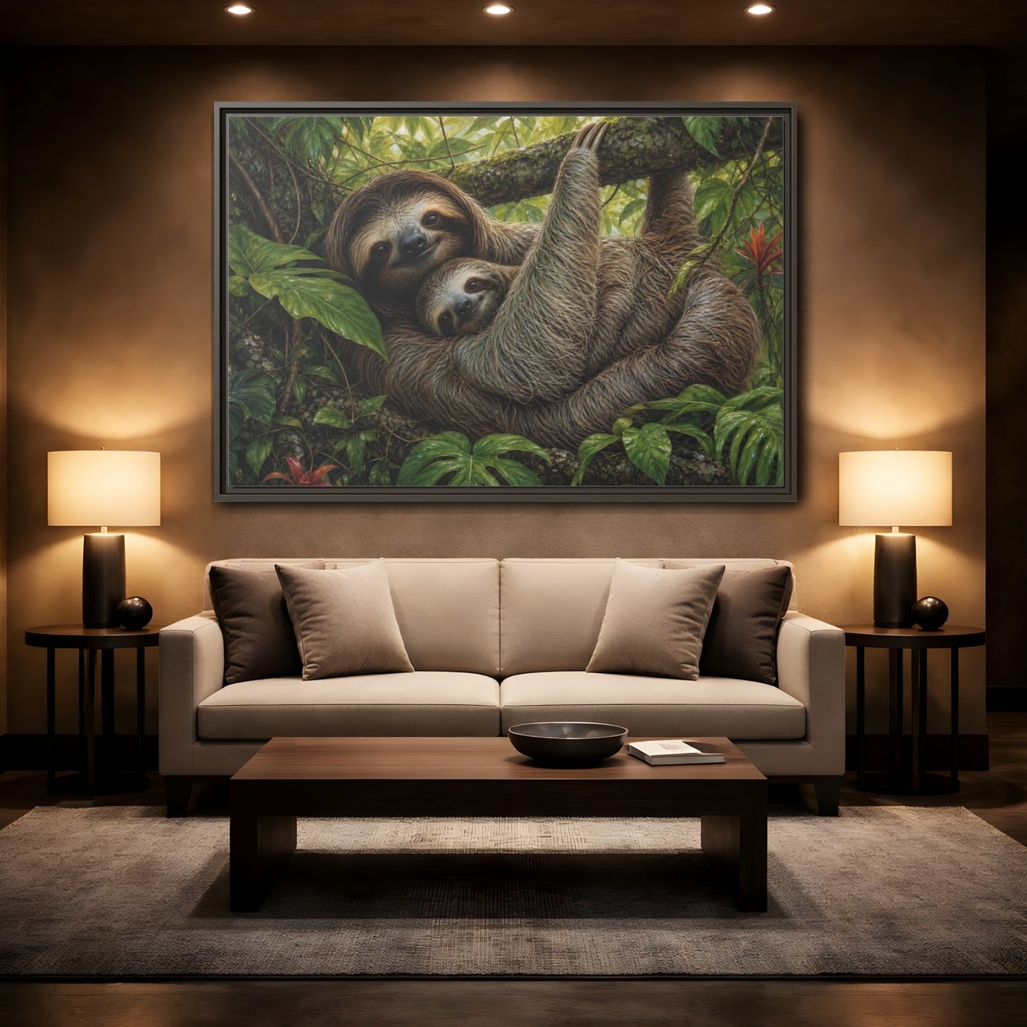 Mockup 2. Cozy Sloth Embrace shown as framed canvas print