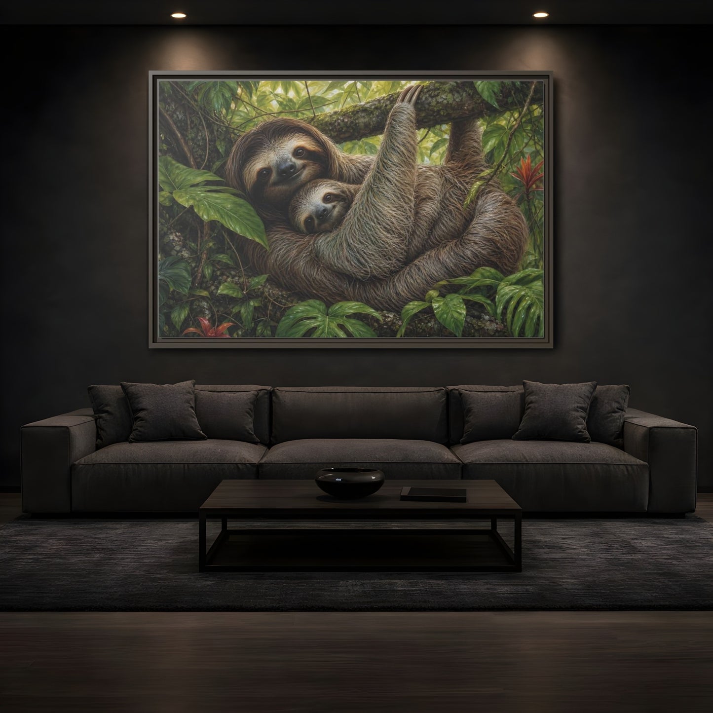 Mockup 3. Cozy Sloth Embrace shown as framed canvas print