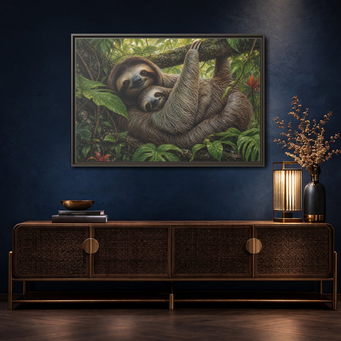 Mockup 4. Cozy Sloth Embrace shown as framed canvas print