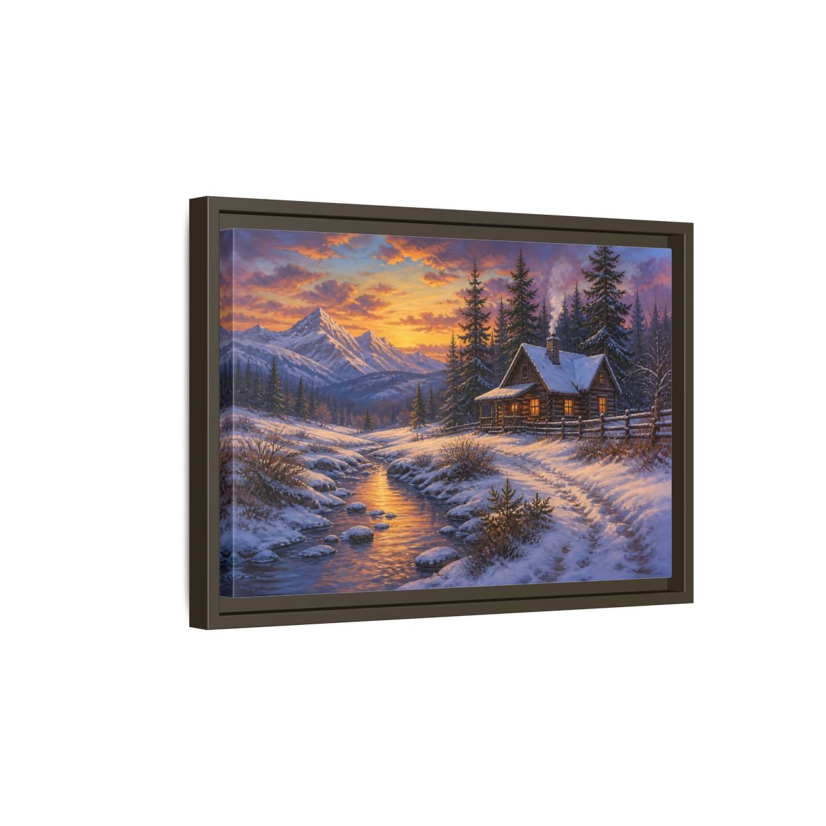 Side Mockup 5. Cozy Snowy Log Cabin shown as framed canvas print