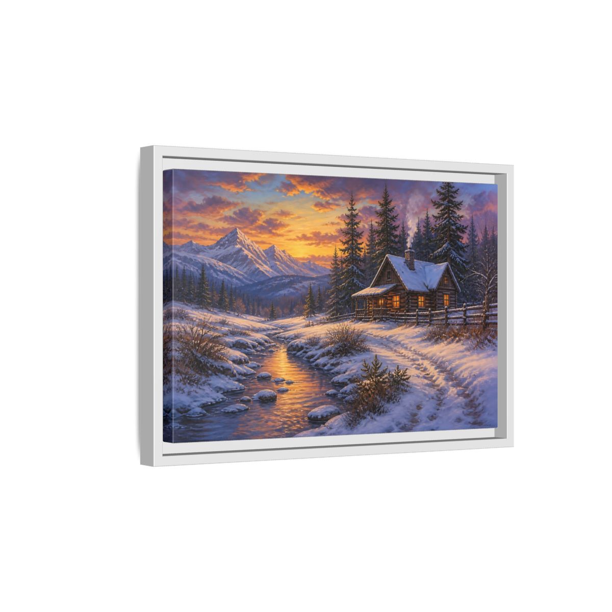 Side Mockup 4. Cozy Snowy Log Cabin shown as framed canvas print