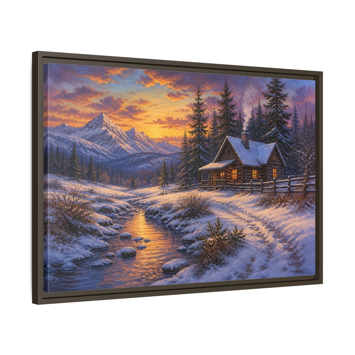 Side Mockup 11. Cozy Snowy Log Cabin shown as framed canvas print
