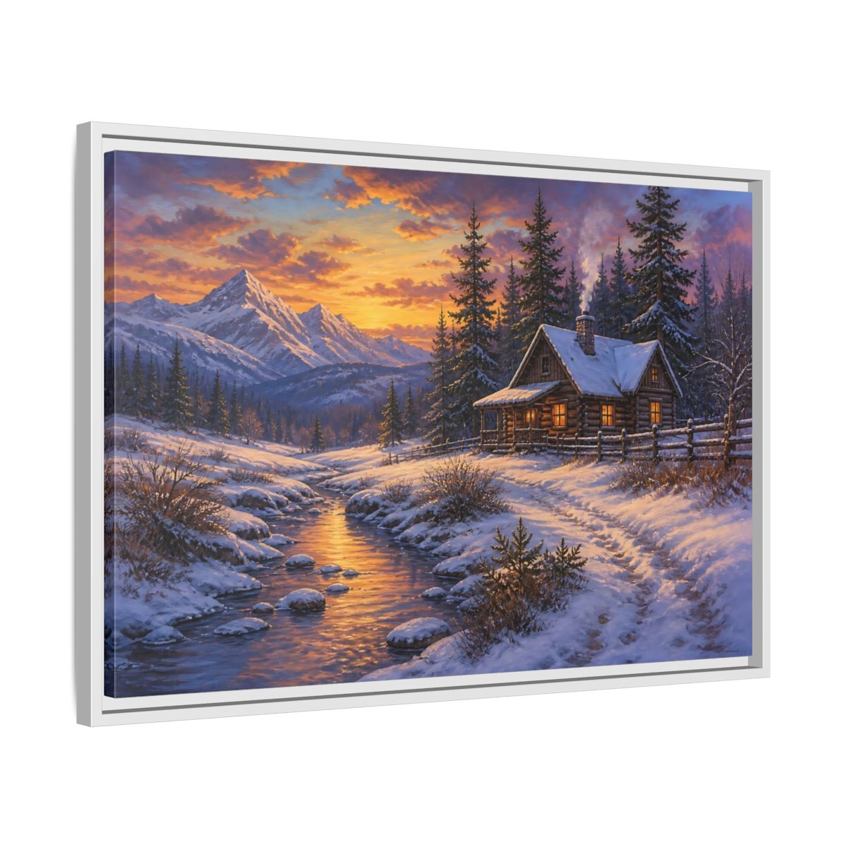 Side Mockup 10. Cozy Snowy Log Cabin shown as framed canvas print