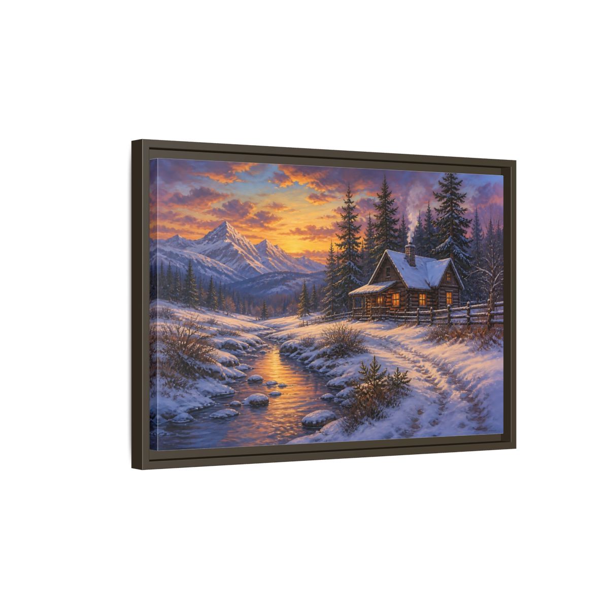 Side Mockup 2. Cozy Snowy Log Cabin shown as framed canvas print