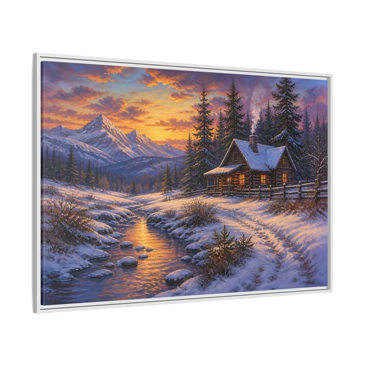 Side Mockup 7. Cozy Snowy Log Cabin shown as framed canvas print
