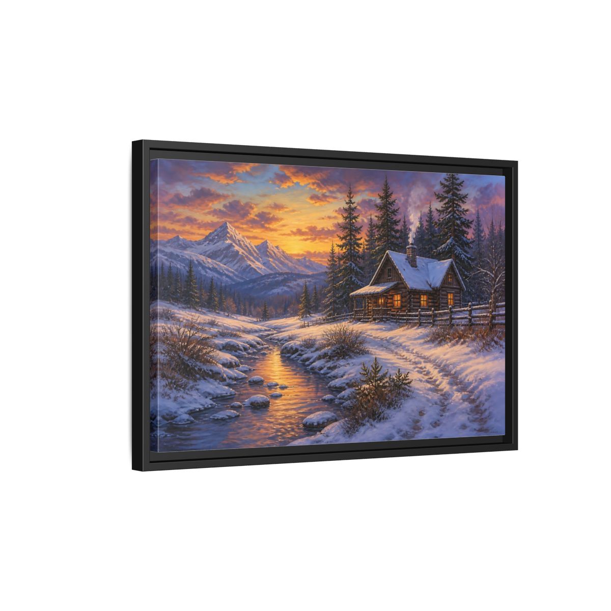 Side Mockup 3. Cozy Snowy Log Cabin shown as framed canvas print