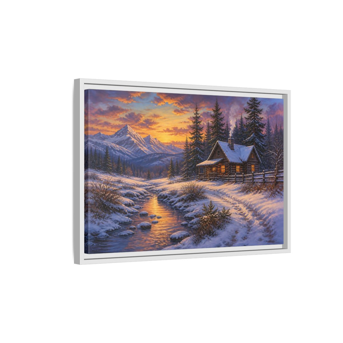 Side Mockup 1. Cozy Snowy Log Cabin shown as framed canvas print