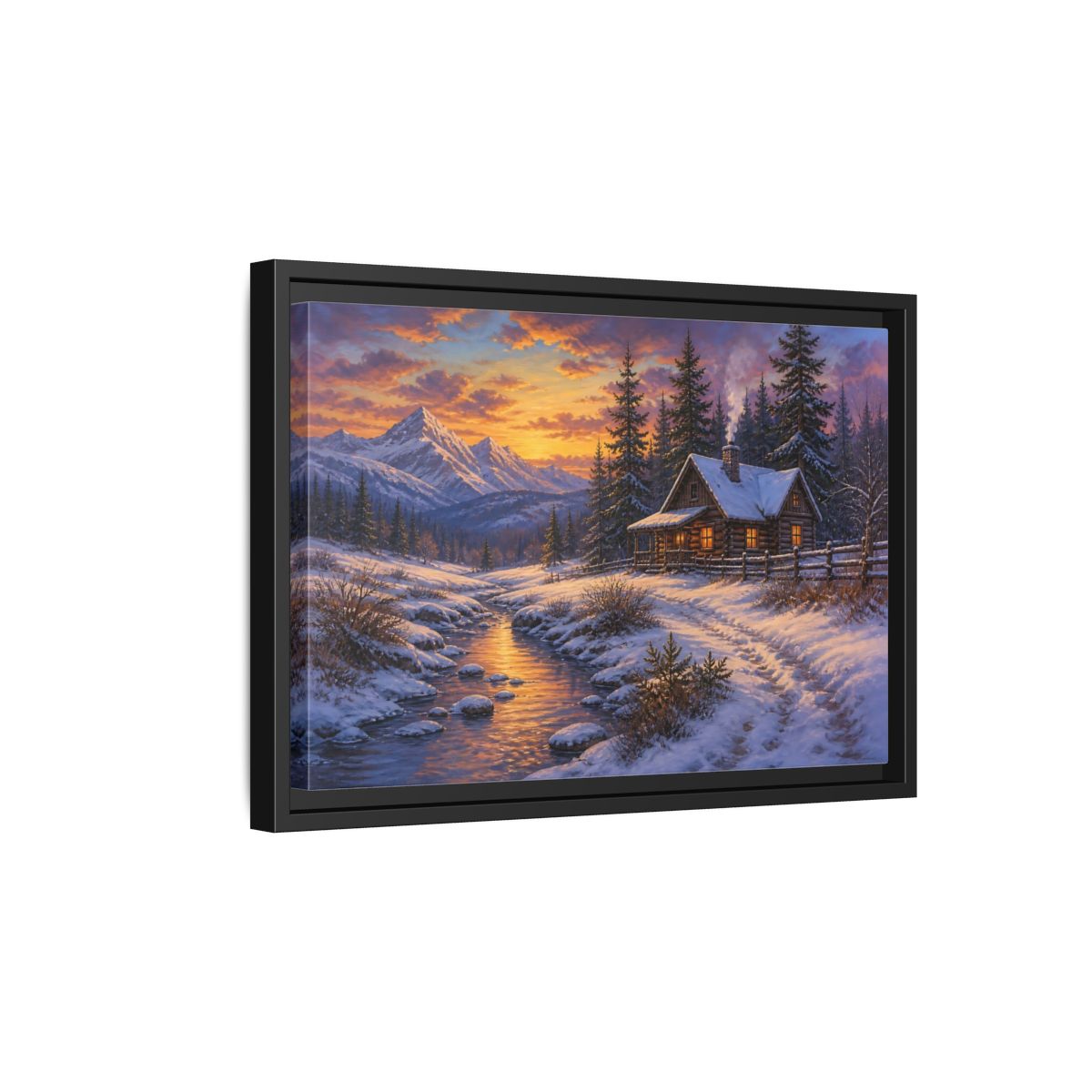 Side Mockup 6. Cozy Snowy Log Cabin shown as framed canvas print