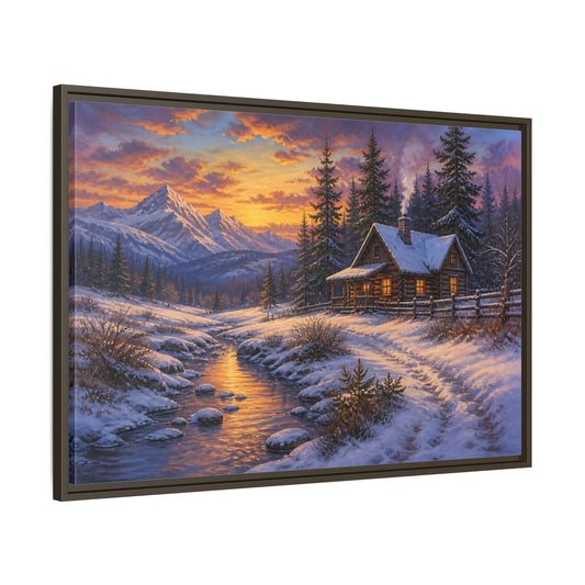 Main Mockup. Cozy Snowy Log Cabin shown as framed canvas print