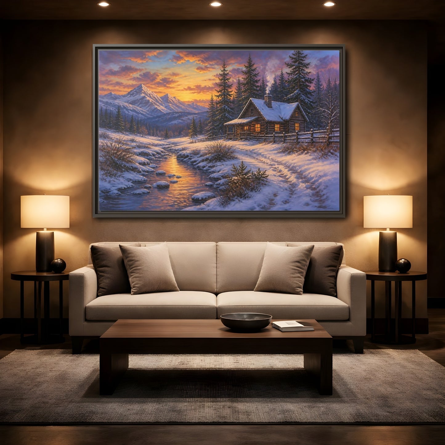 Mockup 2. Cozy Snowy Log Cabin shown as framed canvas print