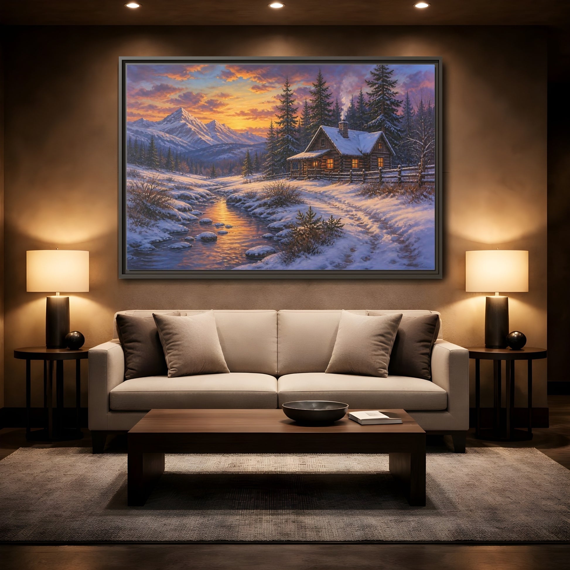 Mockup 2. Cozy Snowy Log Cabin shown as framed canvas print