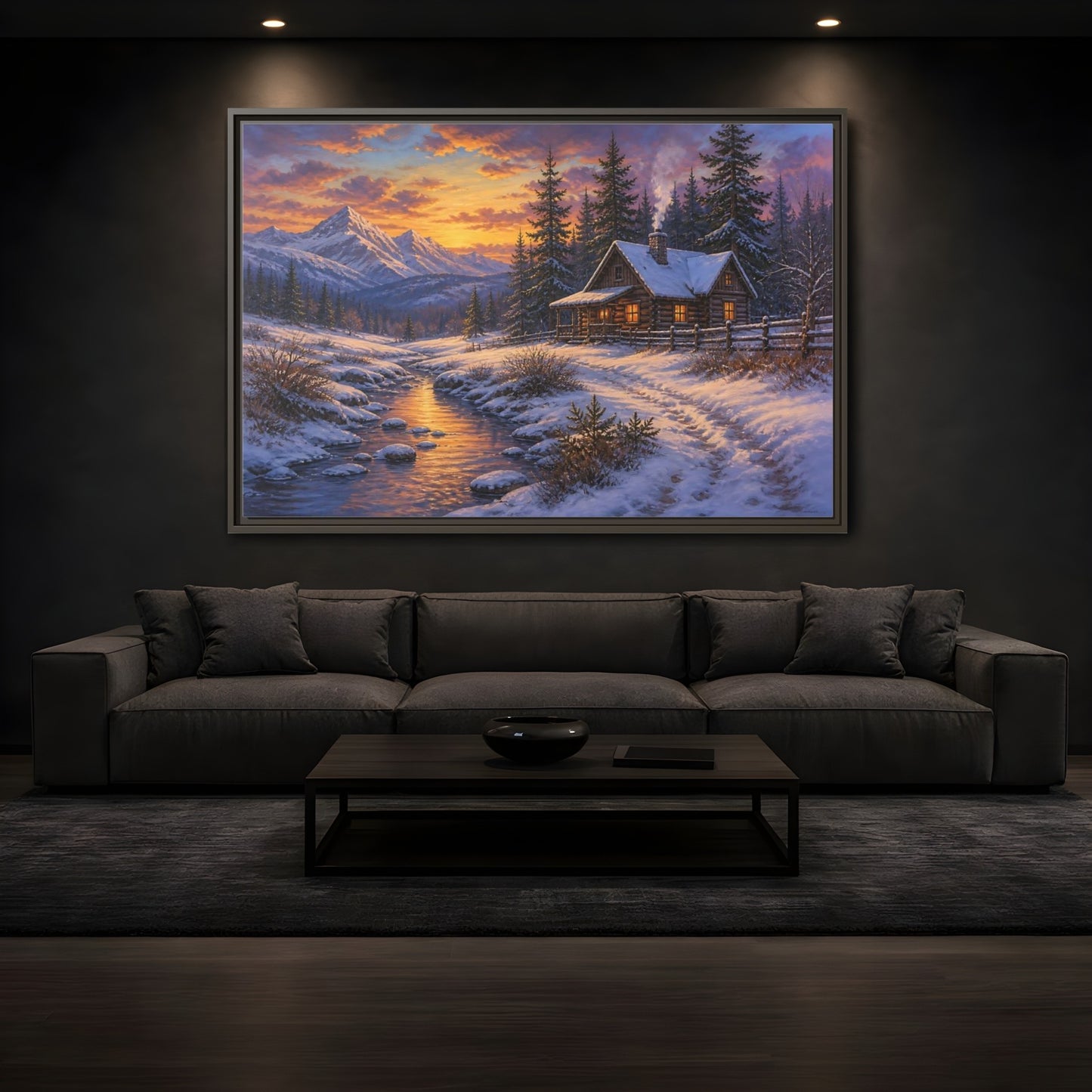 Mockup 3. Cozy Snowy Log Cabin shown as framed canvas print