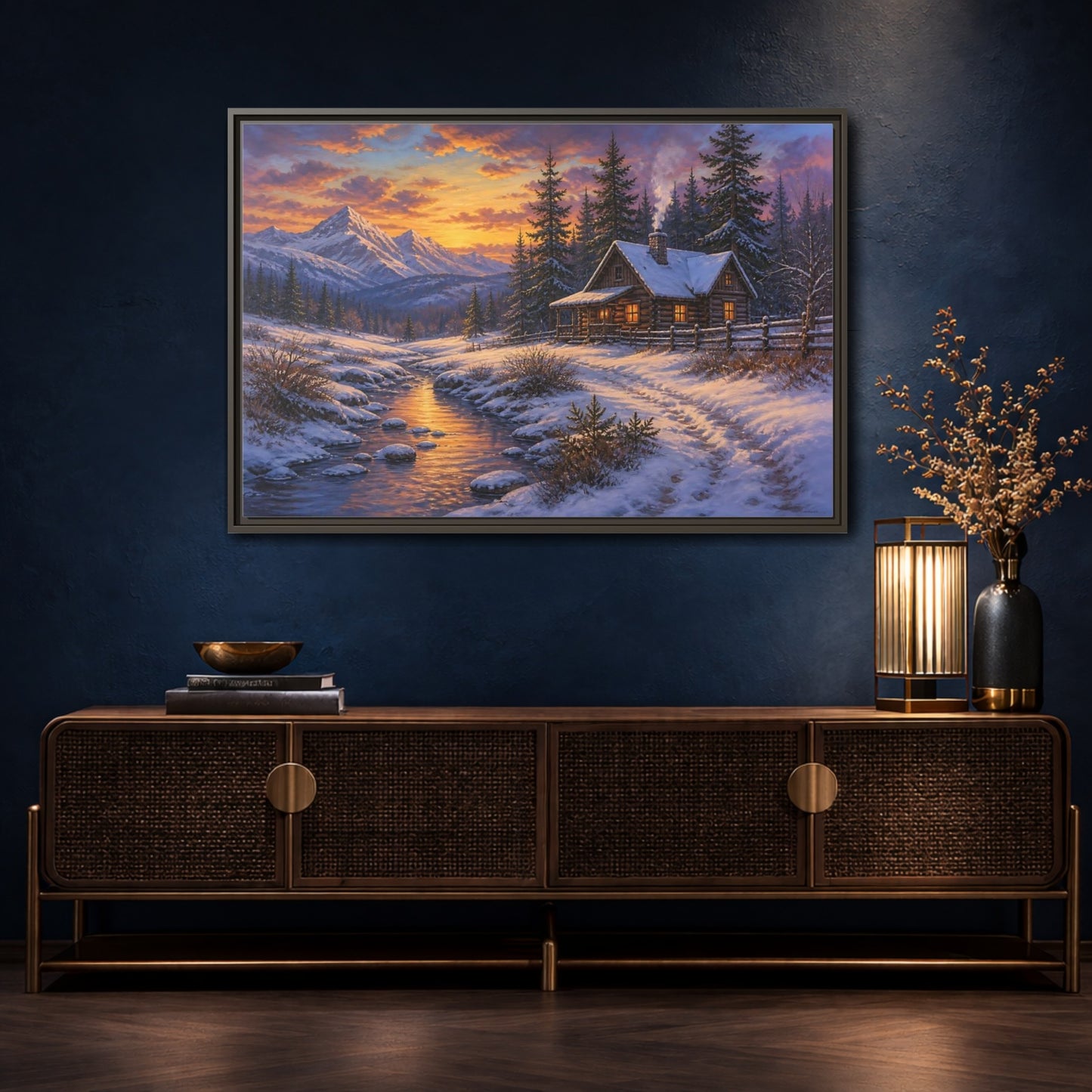Mockup 4. Cozy Snowy Log Cabin shown as framed canvas print