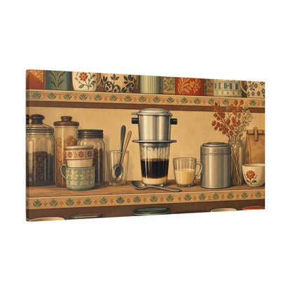 Main Mockup. Cozy Vintage Coffee Shelf shown as canvas print