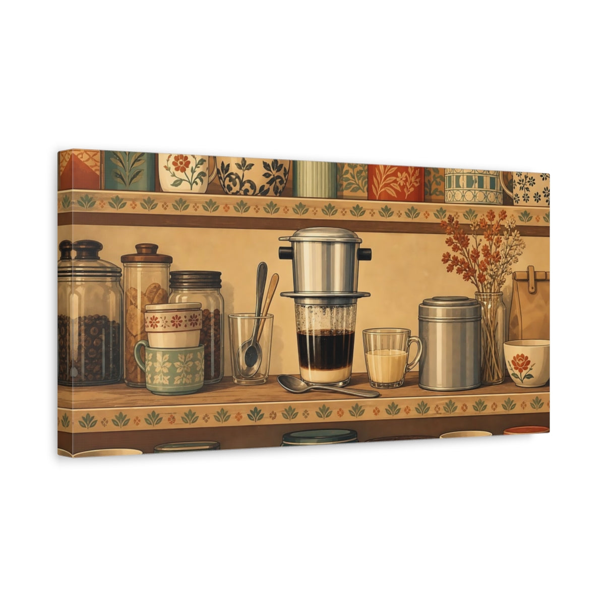 Side Mockup 3. Cozy Vintage Coffee Shelf shown as canvas print
