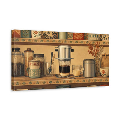 Side Mockup 3. Cozy Vintage Coffee Shelf shown as canvas print