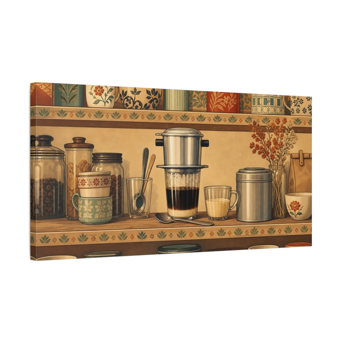 Side Mockup 1. Cozy Vintage Coffee Shelf shown as canvas print