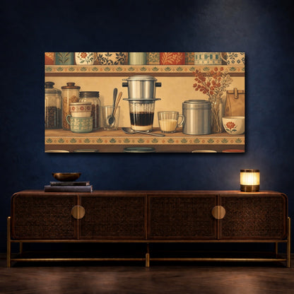 Mockup 4. Cozy Vintage Coffee Shelf shown as canvas print