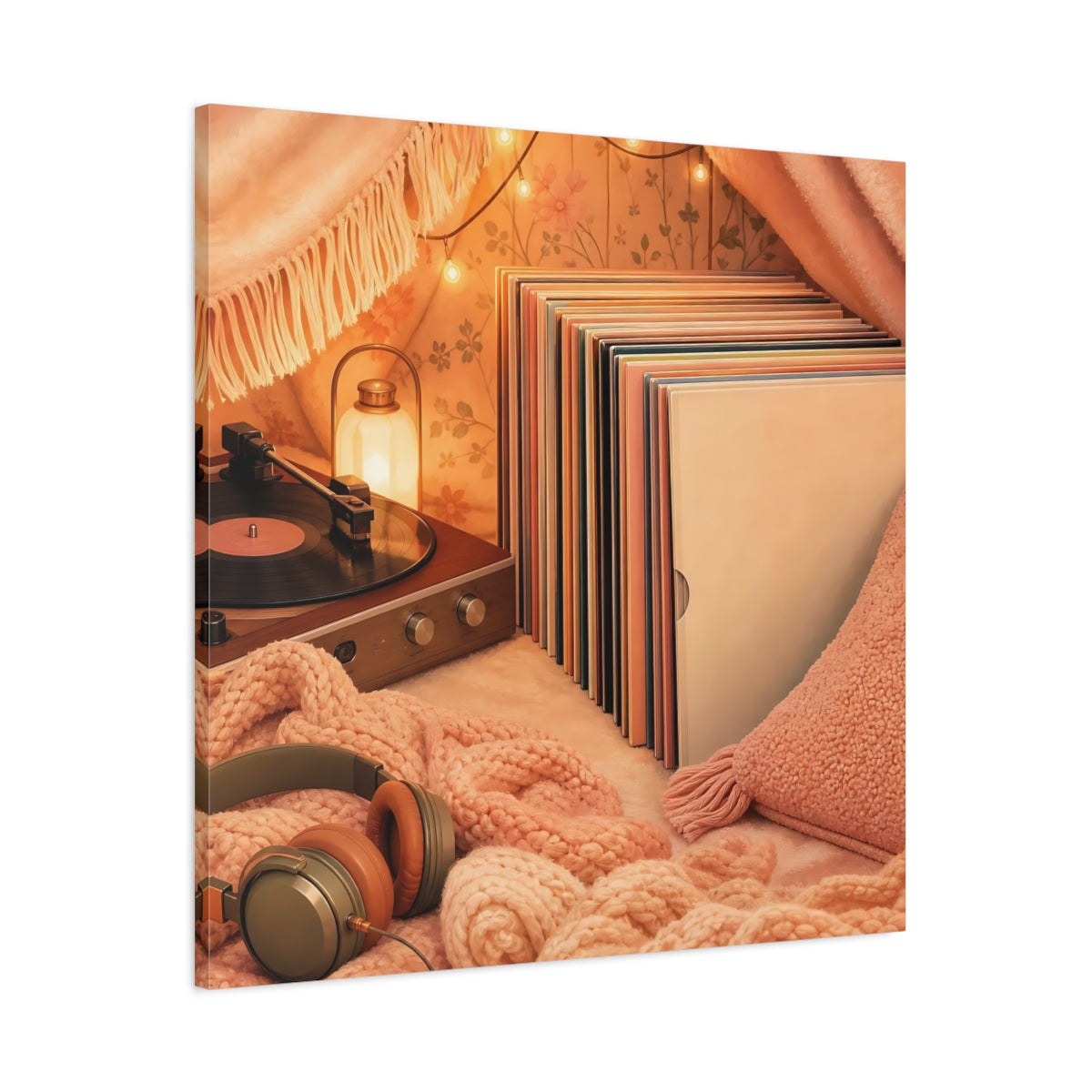 Main Mockup. Cozy Vinyl Listening Nook shown as canvas print