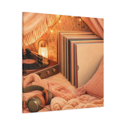 Main Mockup. Cozy Vinyl Listening Nook shown as canvas print
