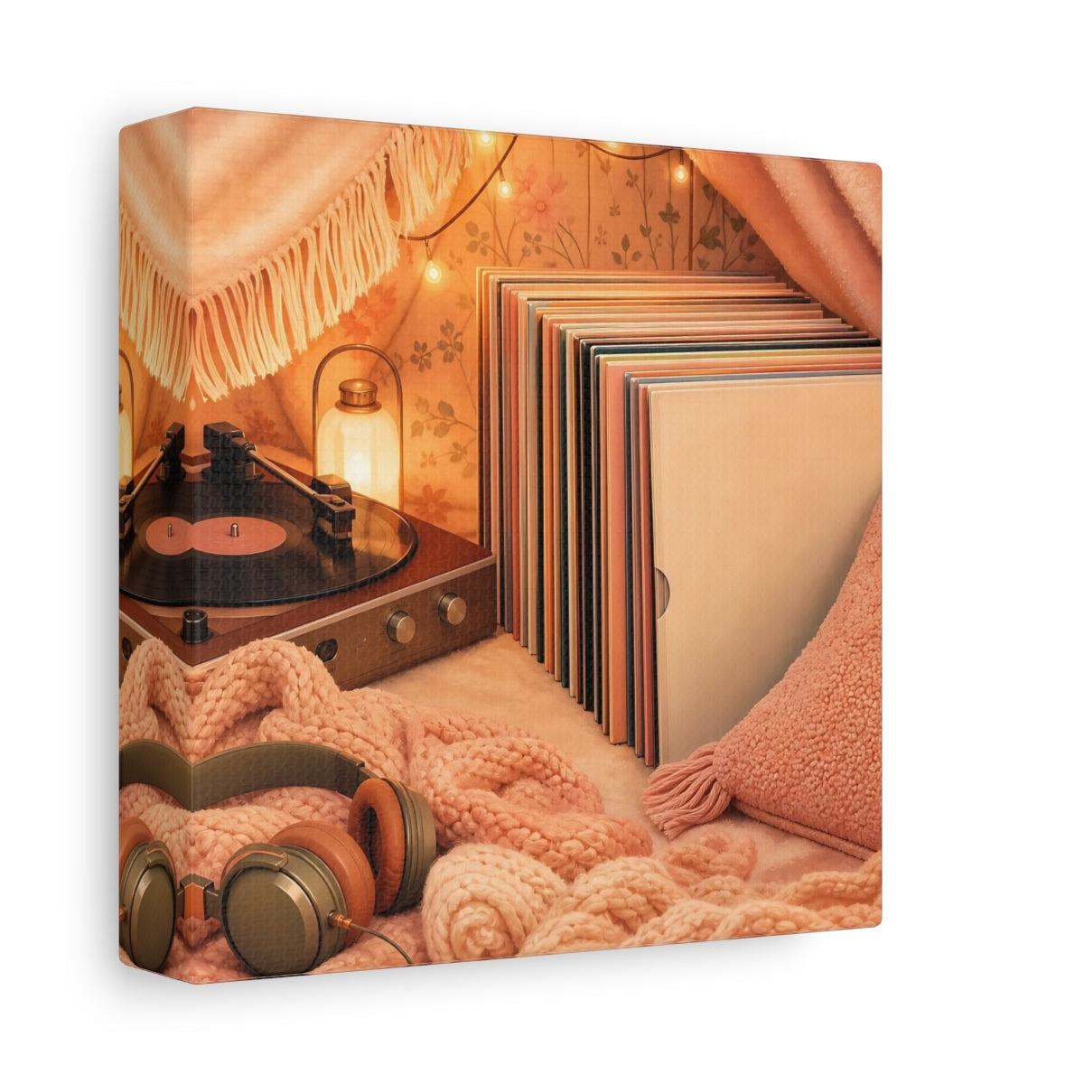 Side Mockup 2. Cozy Vinyl Listening Nook shown as canvas print
