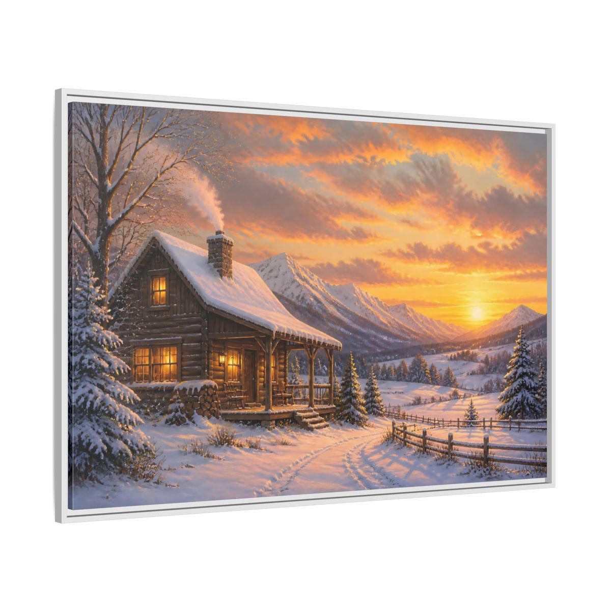 Side Mockup 7. Cozy Winter Cabin Sunset shown as framed canvas print