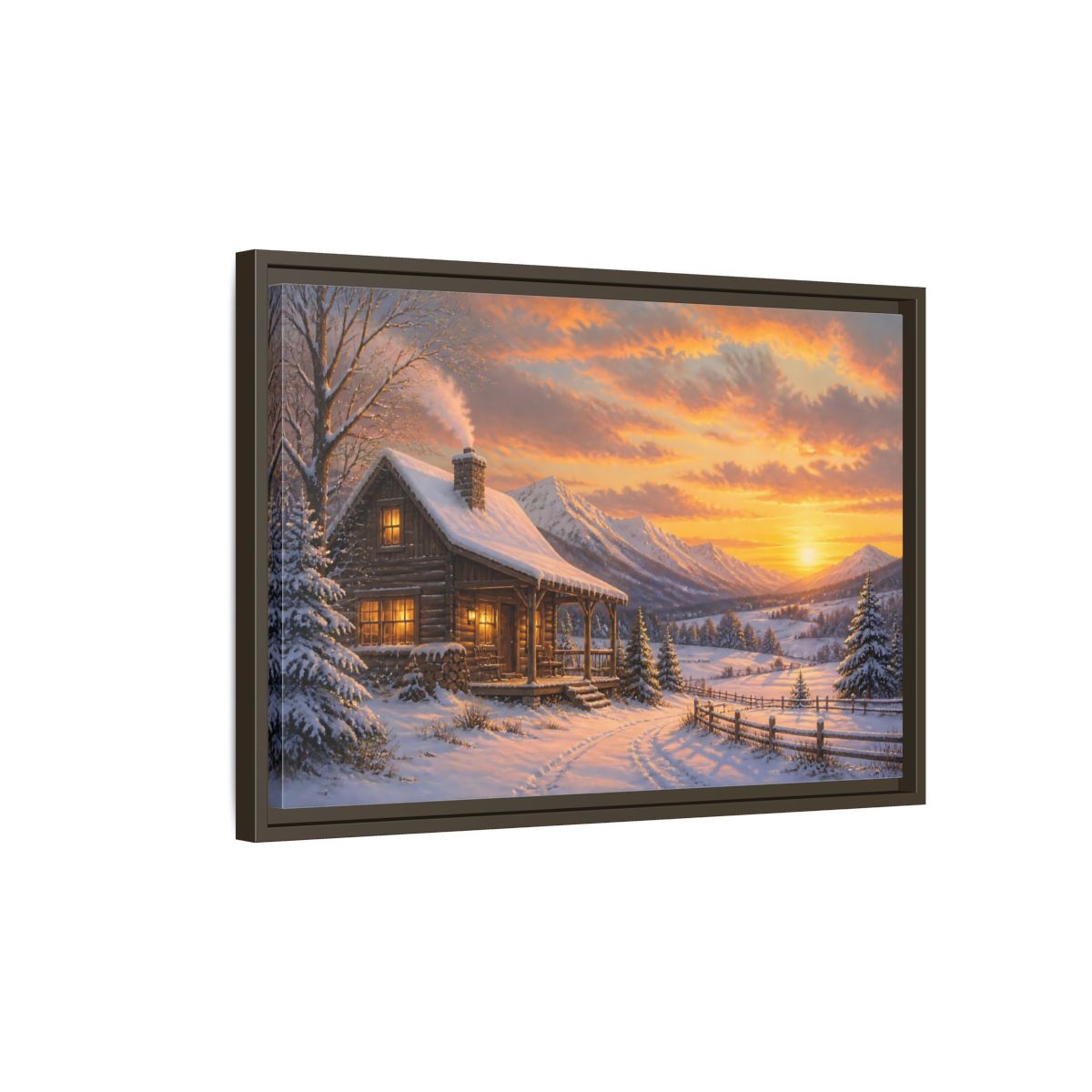 Side Mockup 2. Cozy Winter Cabin Sunset shown as framed canvas print