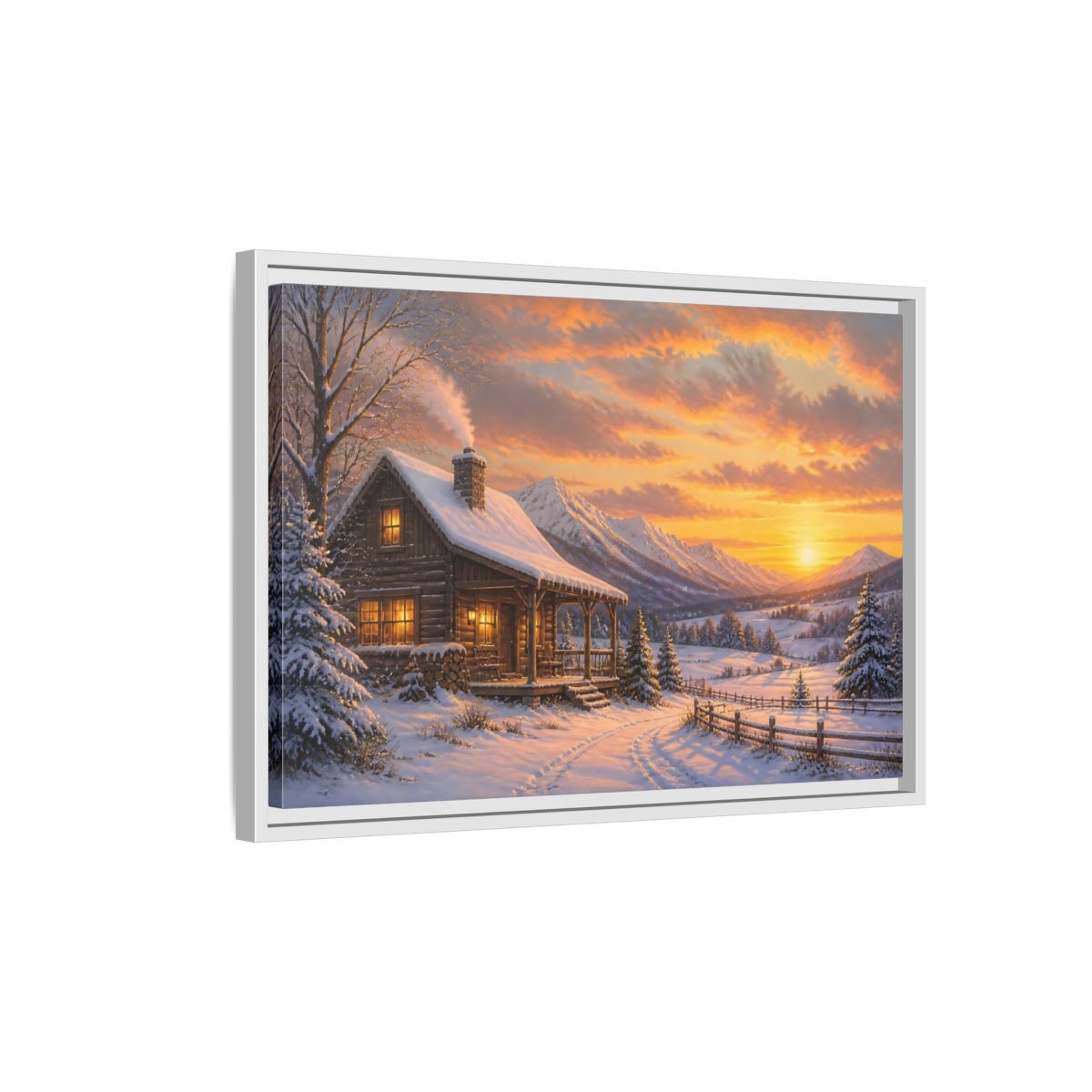 Side Mockup 1. Cozy Winter Cabin Sunset shown as framed canvas print