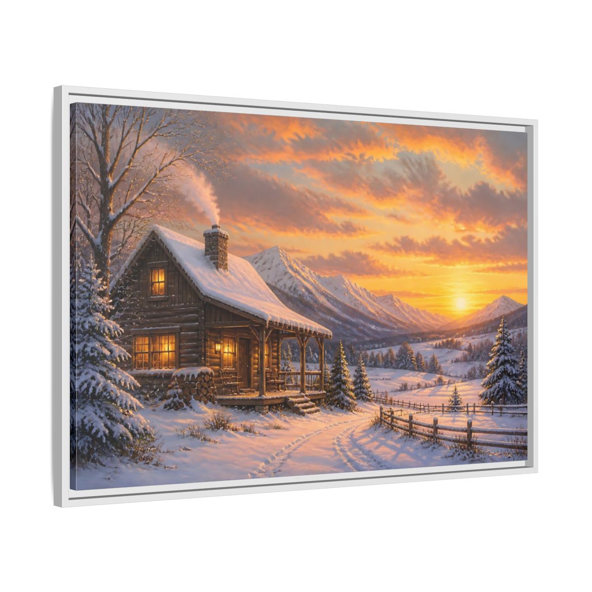 Side Mockup 9. Cozy Winter Cabin Sunset shown as framed canvas print