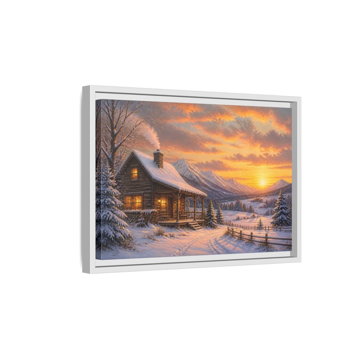 Side Mockup 4. Cozy Winter Cabin Sunset shown as framed canvas print