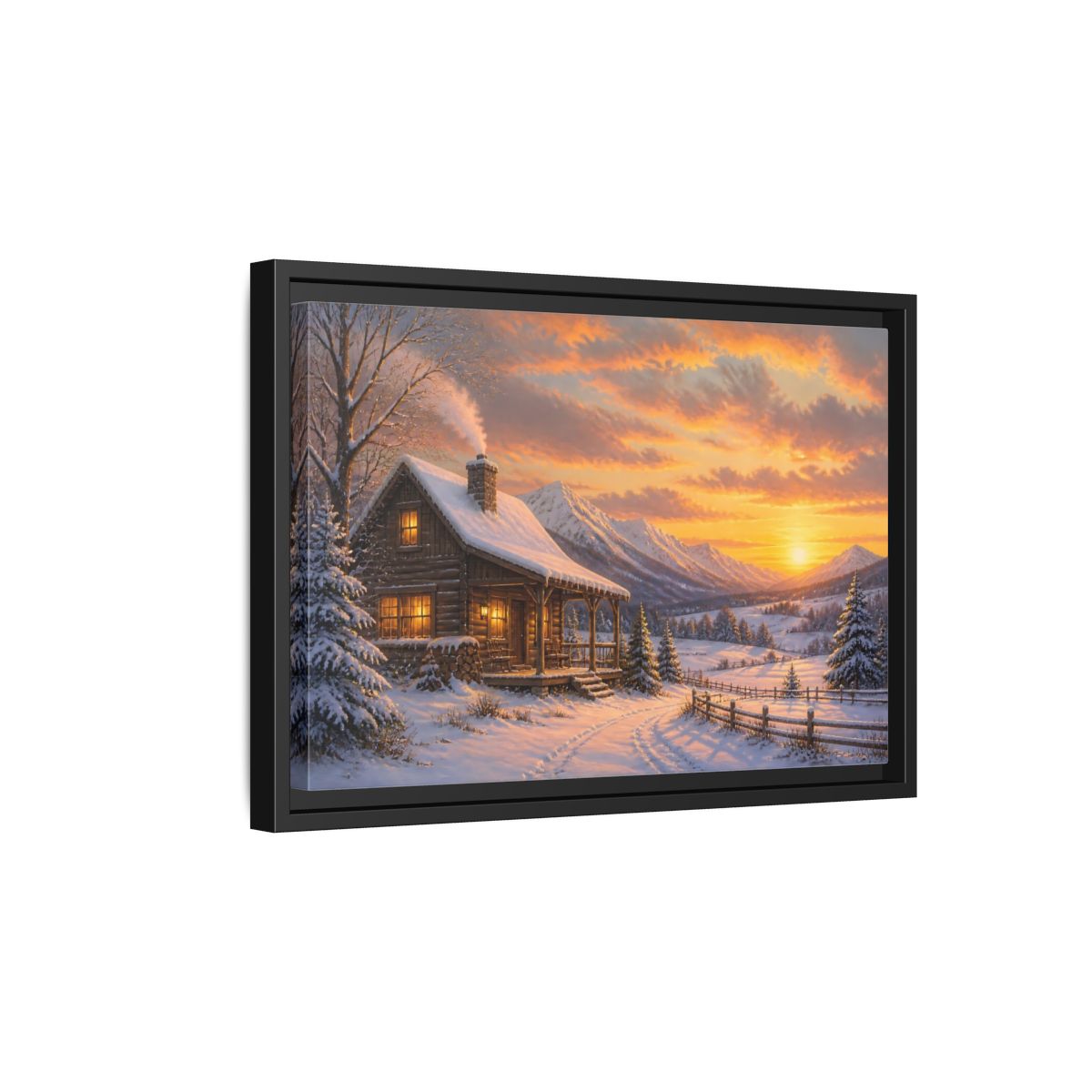 Side Mockup 6. Cozy Winter Cabin Sunset shown as framed canvas print