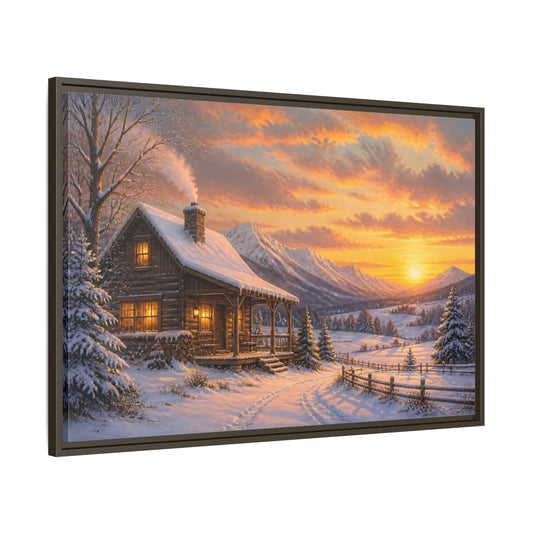 Main Mockup. Cozy Winter Cabin Sunset shown as framed canvas print