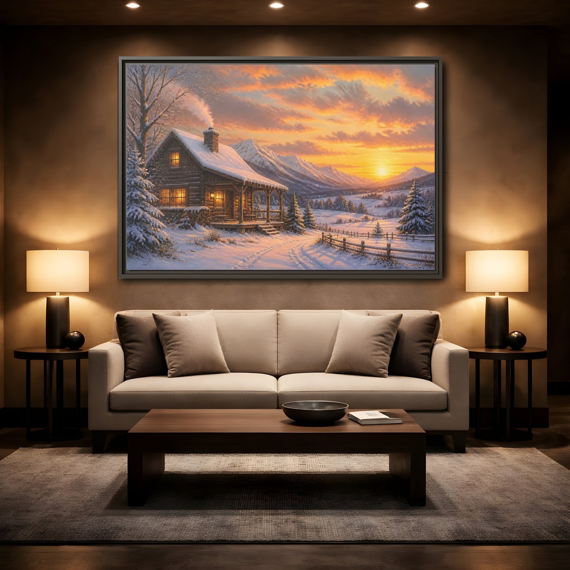 Mockup 2. Cozy Winter Cabin Sunset shown as framed canvas print