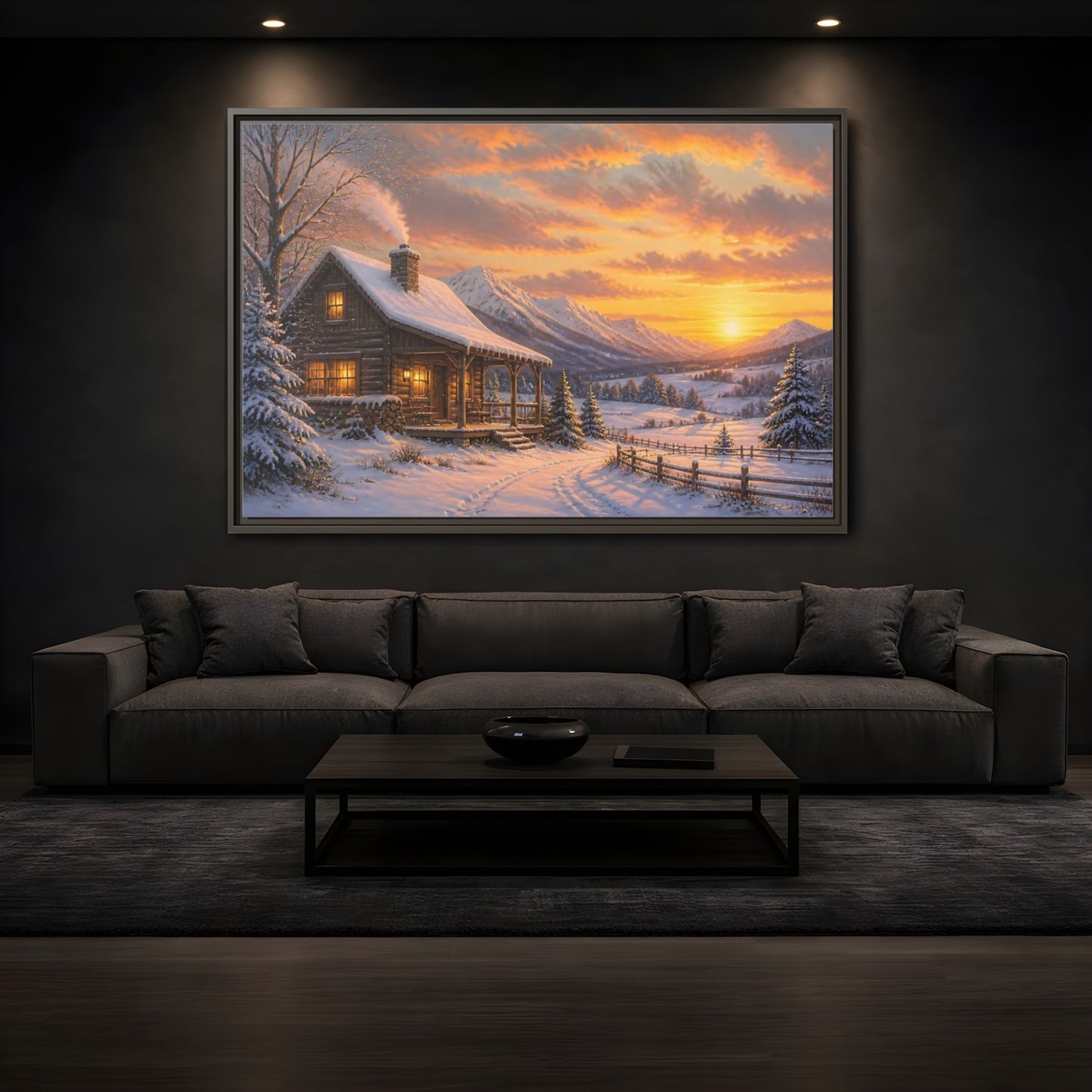 Mockup 3. Cozy Winter Cabin Sunset shown as framed canvas print