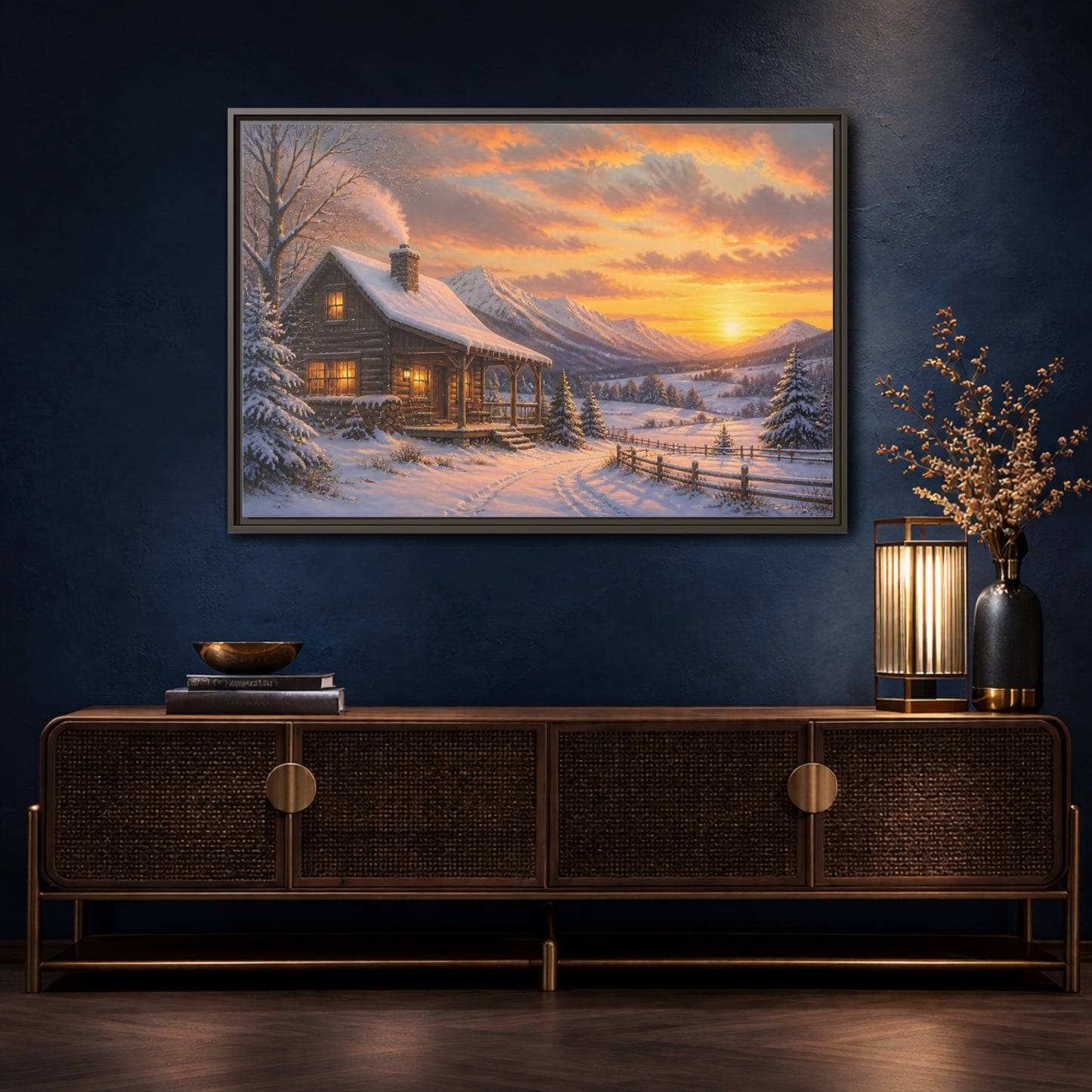 Mockup 4. Cozy Winter Cabin Sunset shown as framed canvas print