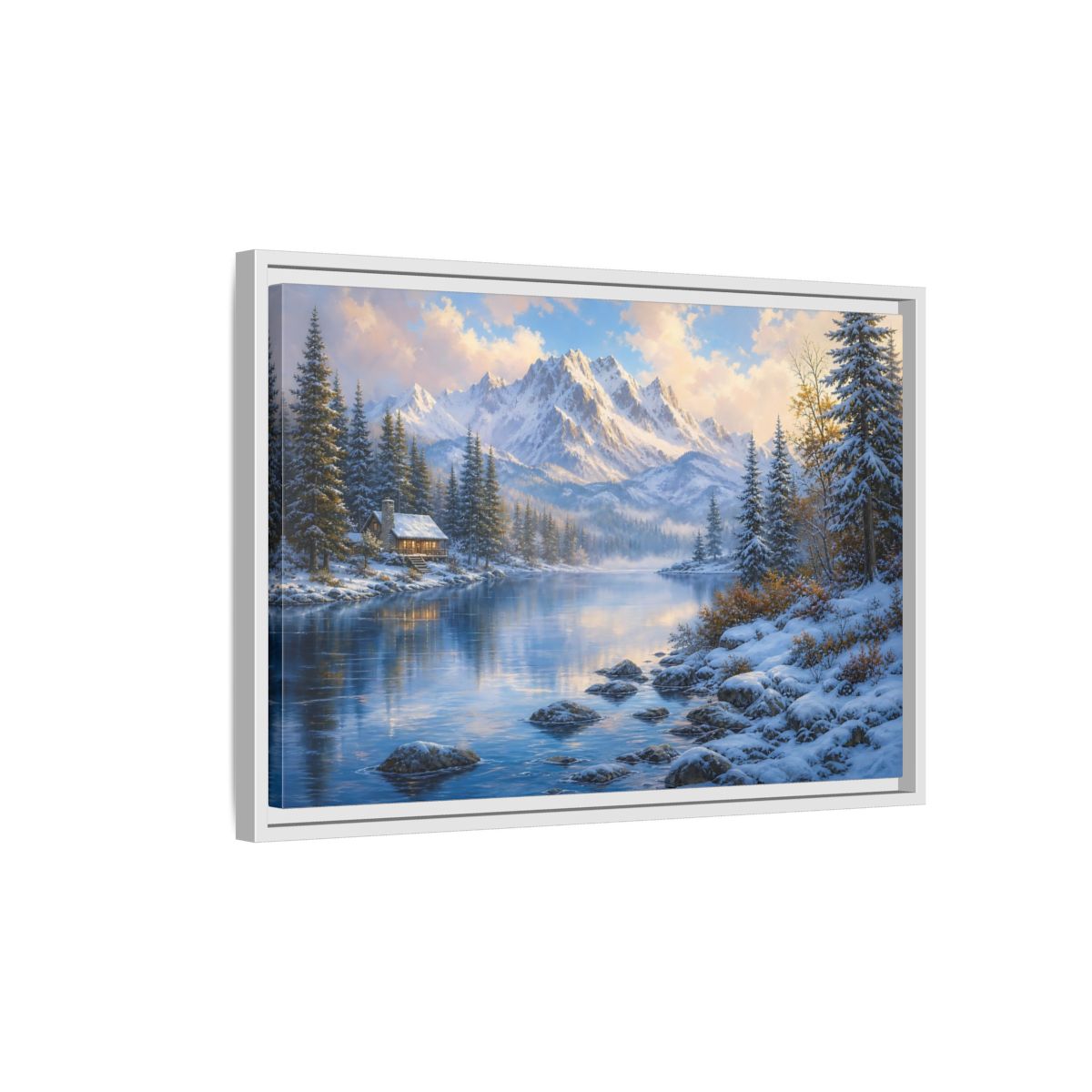 Side Mockup 1. Cozy Winter Mountain Retreat shown as framed canvas print