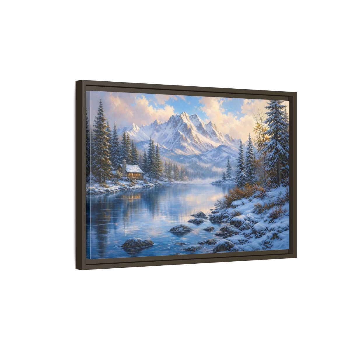 Side Mockup 2. Cozy Winter Mountain Retreat shown as framed canvas print