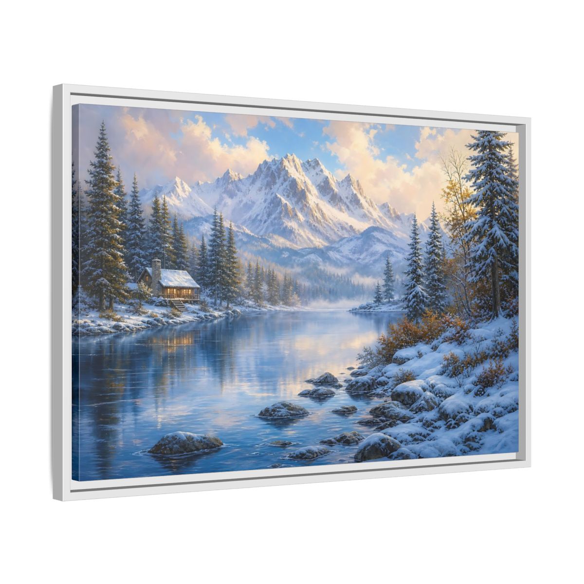 Side Mockup 10. Cozy Winter Mountain Retreat shown as framed canvas print