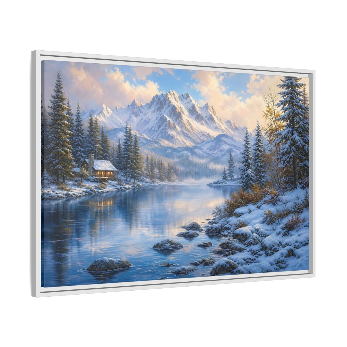 Side Mockup 9. Cozy Winter Mountain Retreat shown as framed canvas print