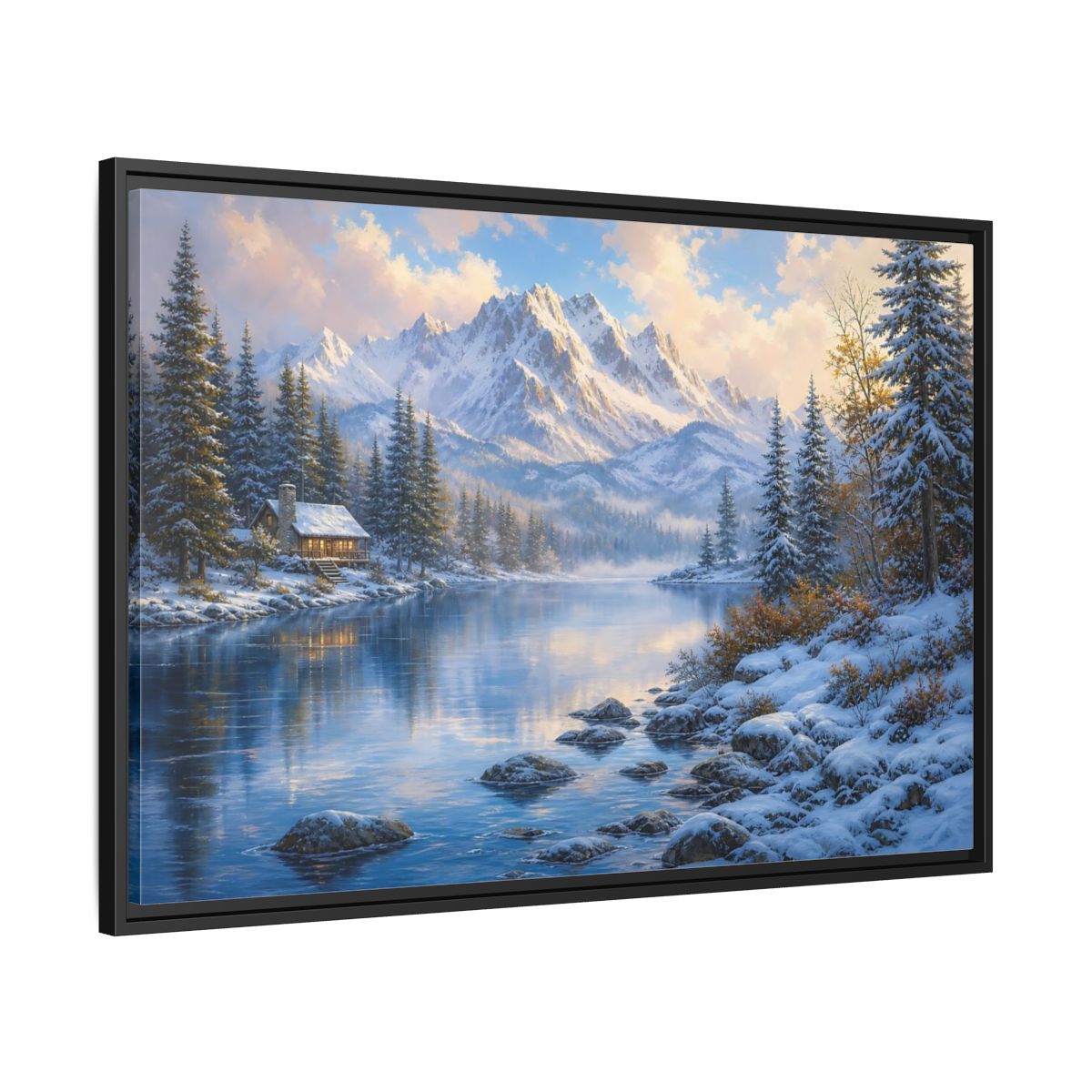 Side Mockup 13. Cozy Winter Mountain Retreat shown as framed canvas print