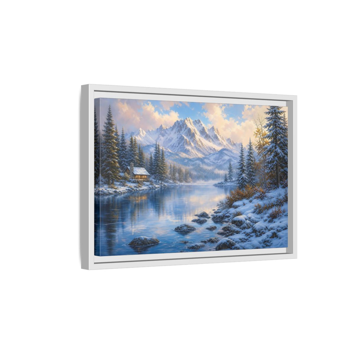 Side Mockup 4. Cozy Winter Mountain Retreat shown as framed canvas print