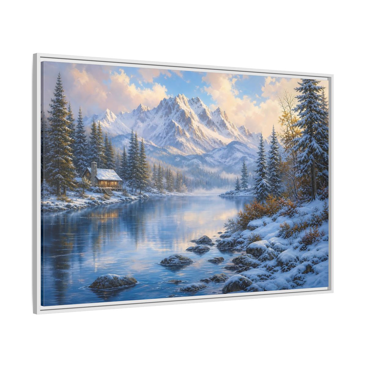 Side Mockup 7. Cozy Winter Mountain Retreat shown as framed canvas print