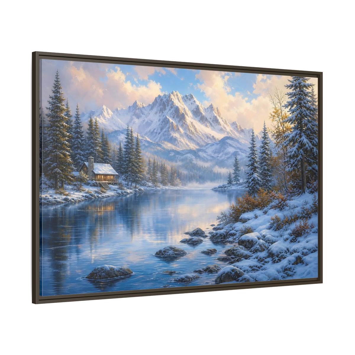Side Mockup 8. Cozy Winter Mountain Retreat shown as framed canvas print