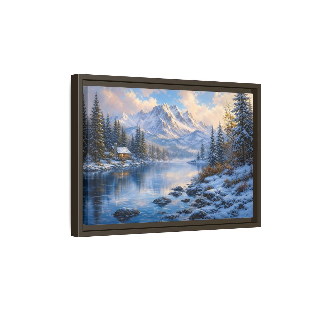 Side Mockup 5. Cozy Winter Mountain Retreat shown as framed canvas print