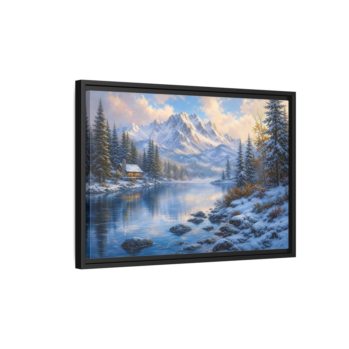 Side Mockup 3. Cozy Winter Mountain Retreat shown as framed canvas print