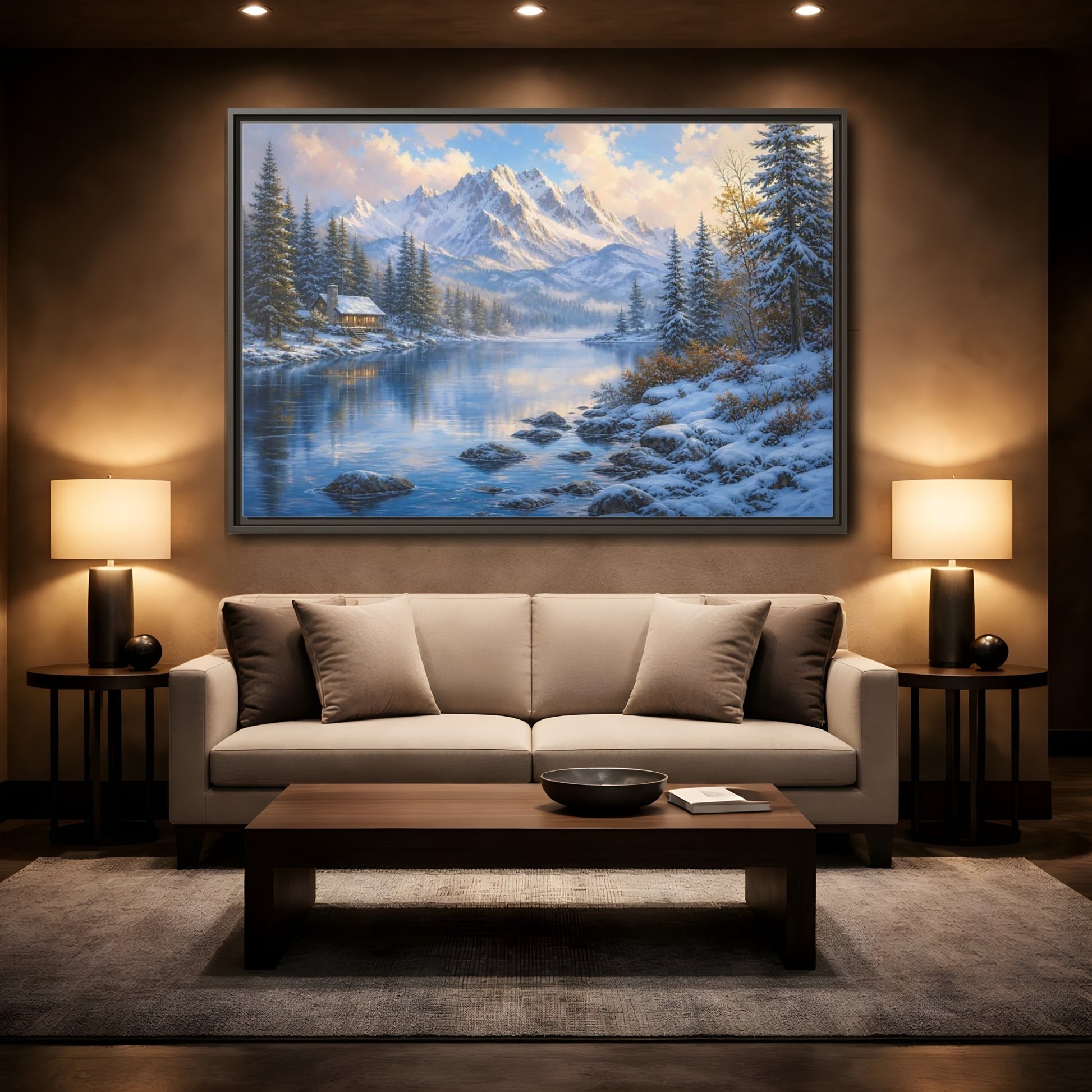 Mockup 2. Cozy Winter Mountain Retreat shown as framed canvas print