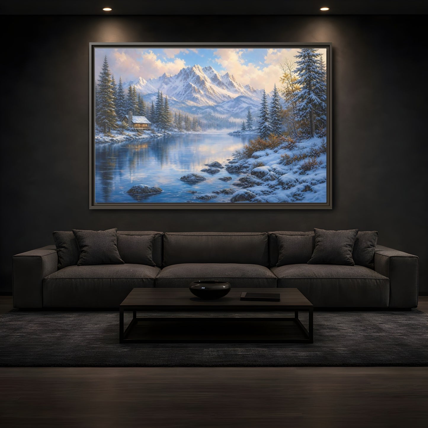 Mockup 3. Cozy Winter Mountain Retreat shown as framed canvas print