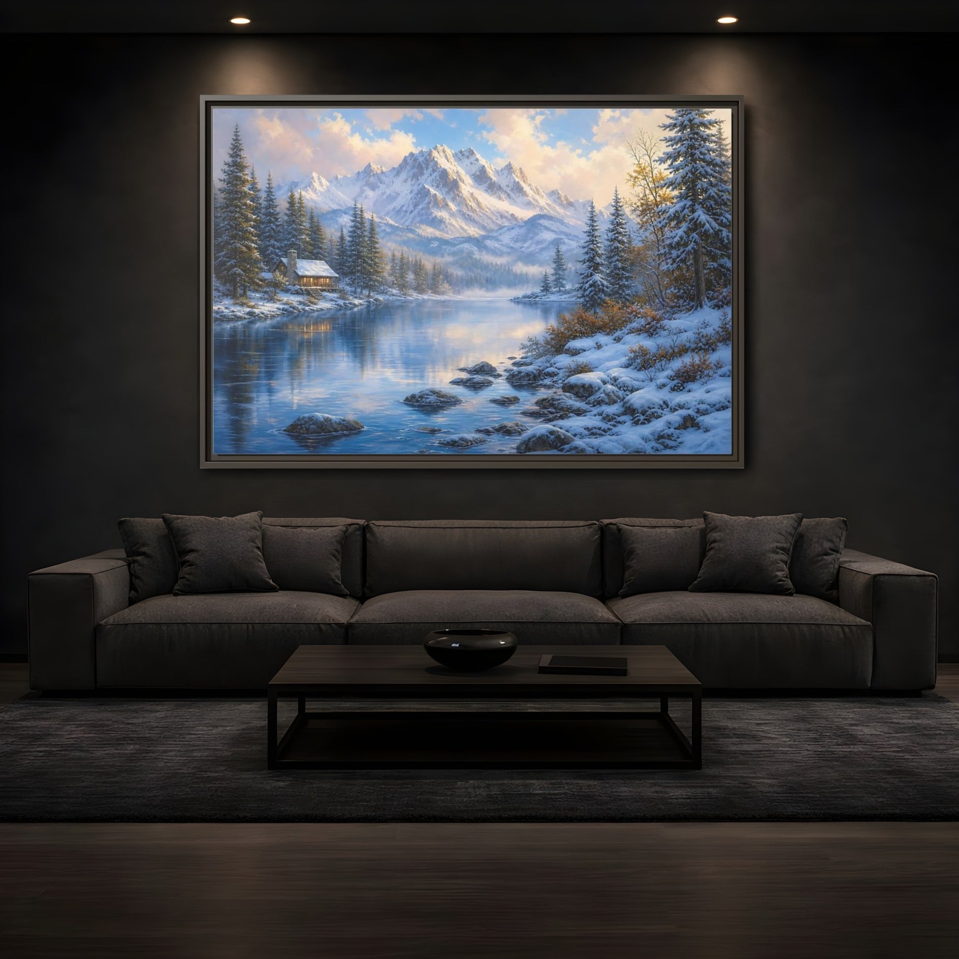 Mockup 3. Cozy Winter Mountain Retreat shown as framed canvas print