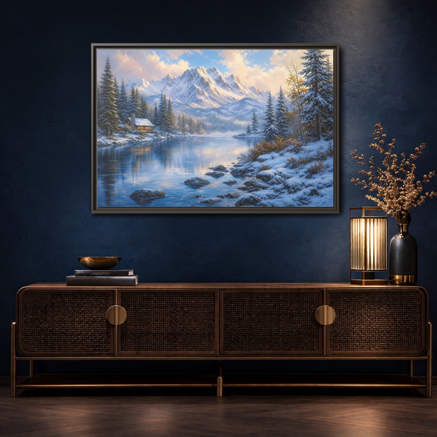 Mockup 4. Cozy Winter Mountain Retreat shown as framed canvas print