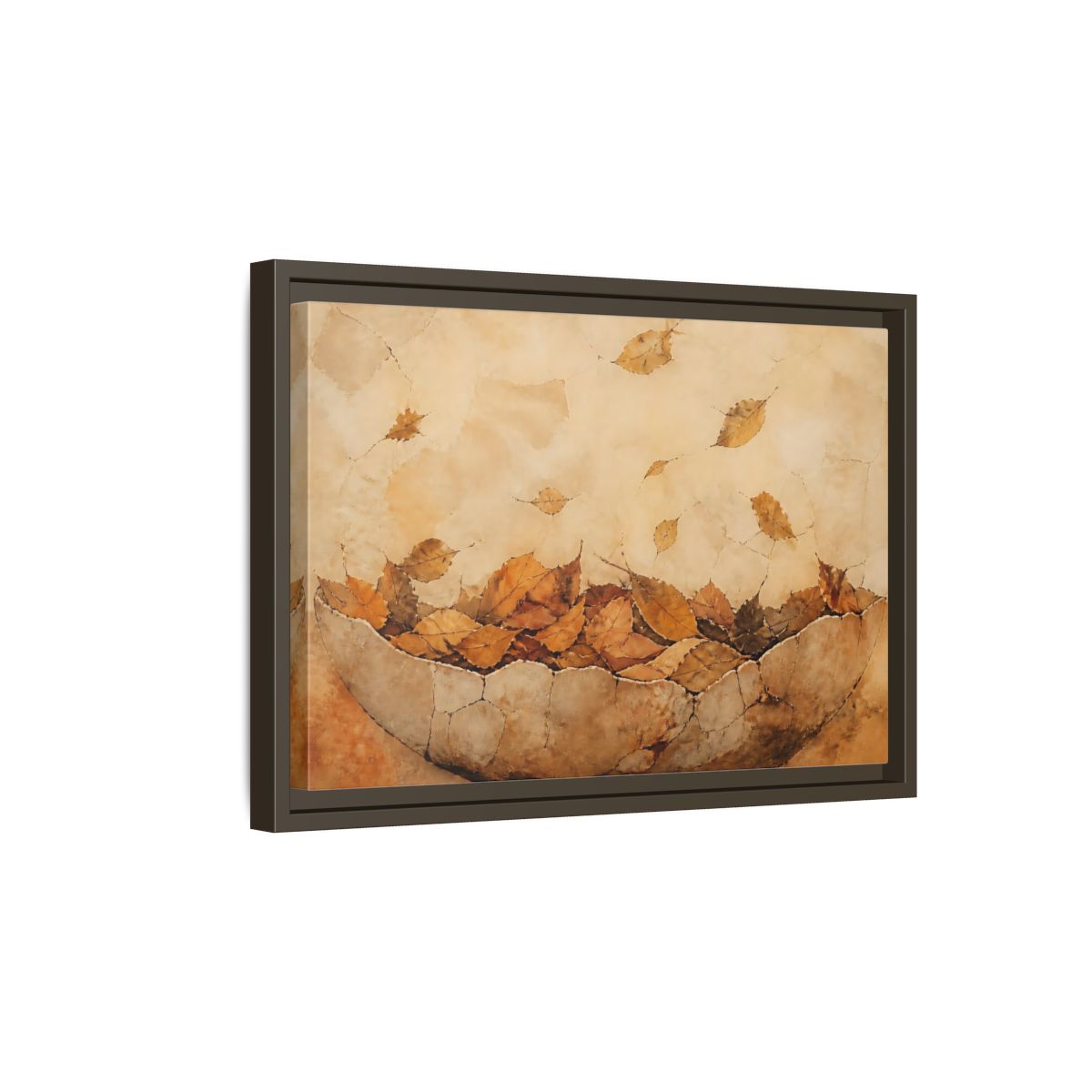 Side Mockup 5. Cracked Bowl Of Leaves shown as framed canvas print